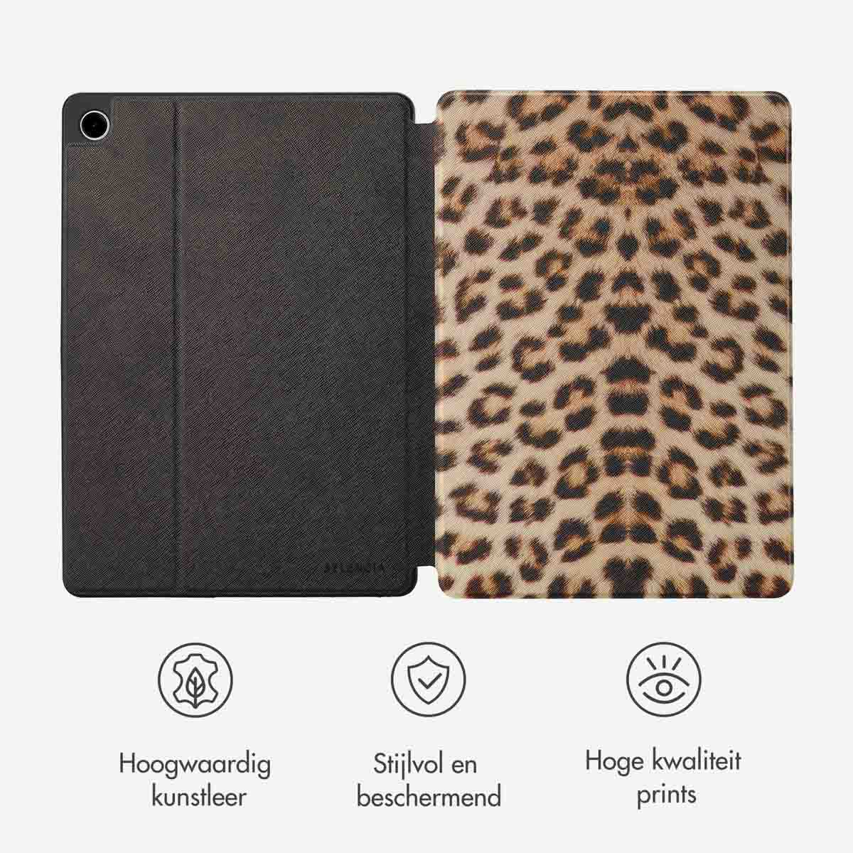 Étui de tablette ouvert, montrant un motif léopard à l'intérieur, avec des icônes en dessous.