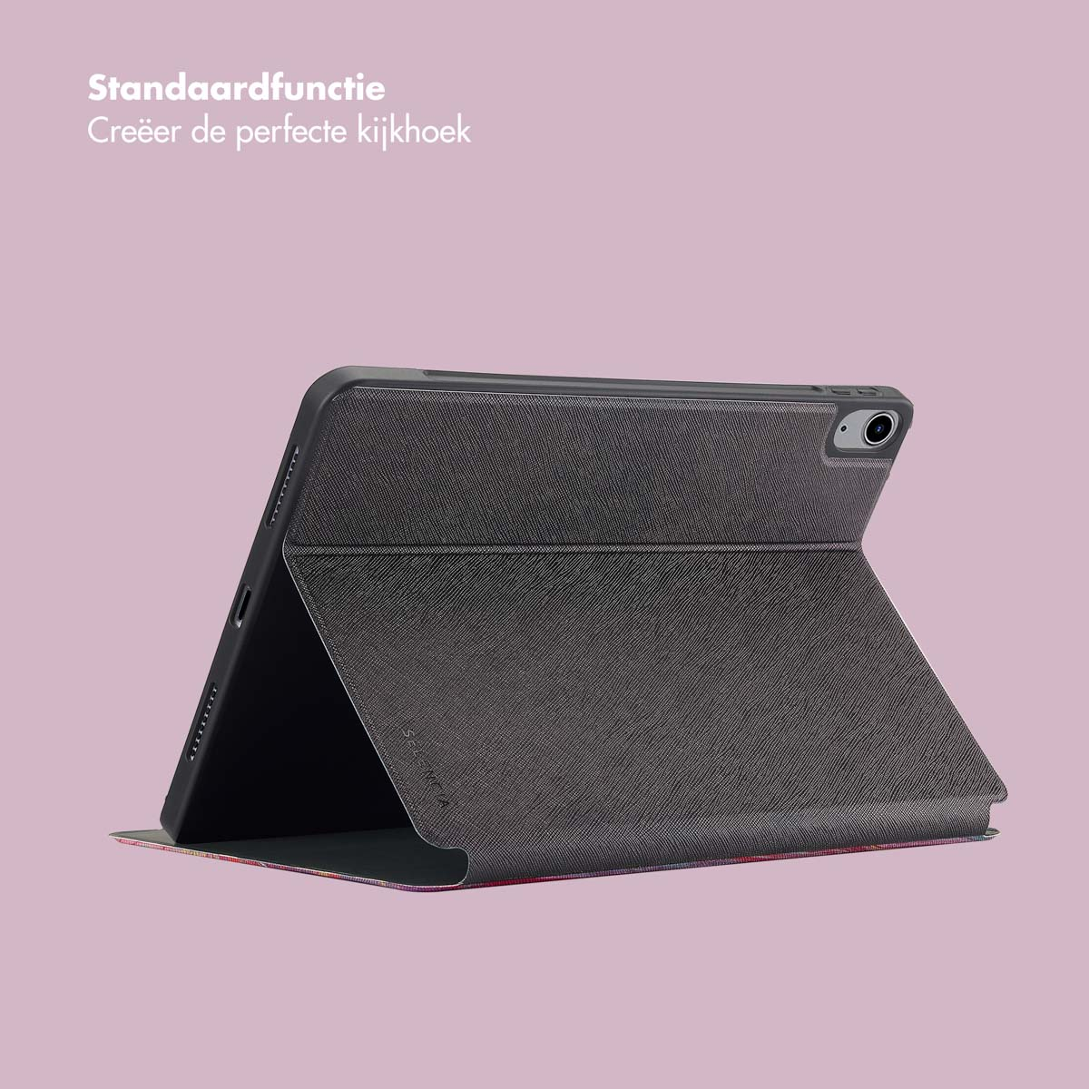 A tablet in a case, angled on a pink background, showing the display.
