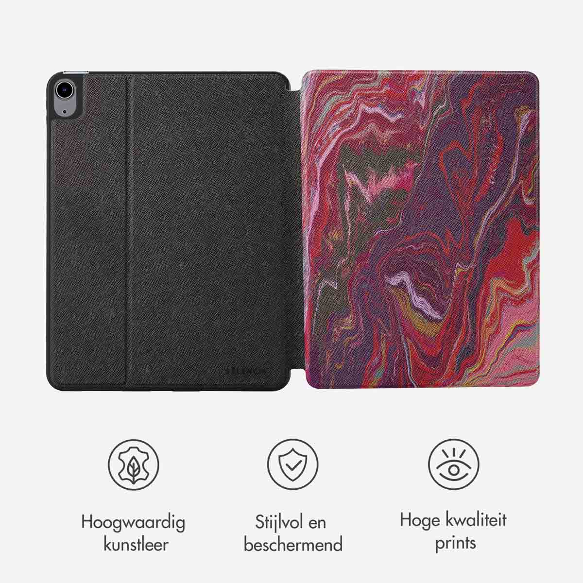 Tablet case with marbled design. Icons for high-quality leather, stylish, protective, and high-quality prints.