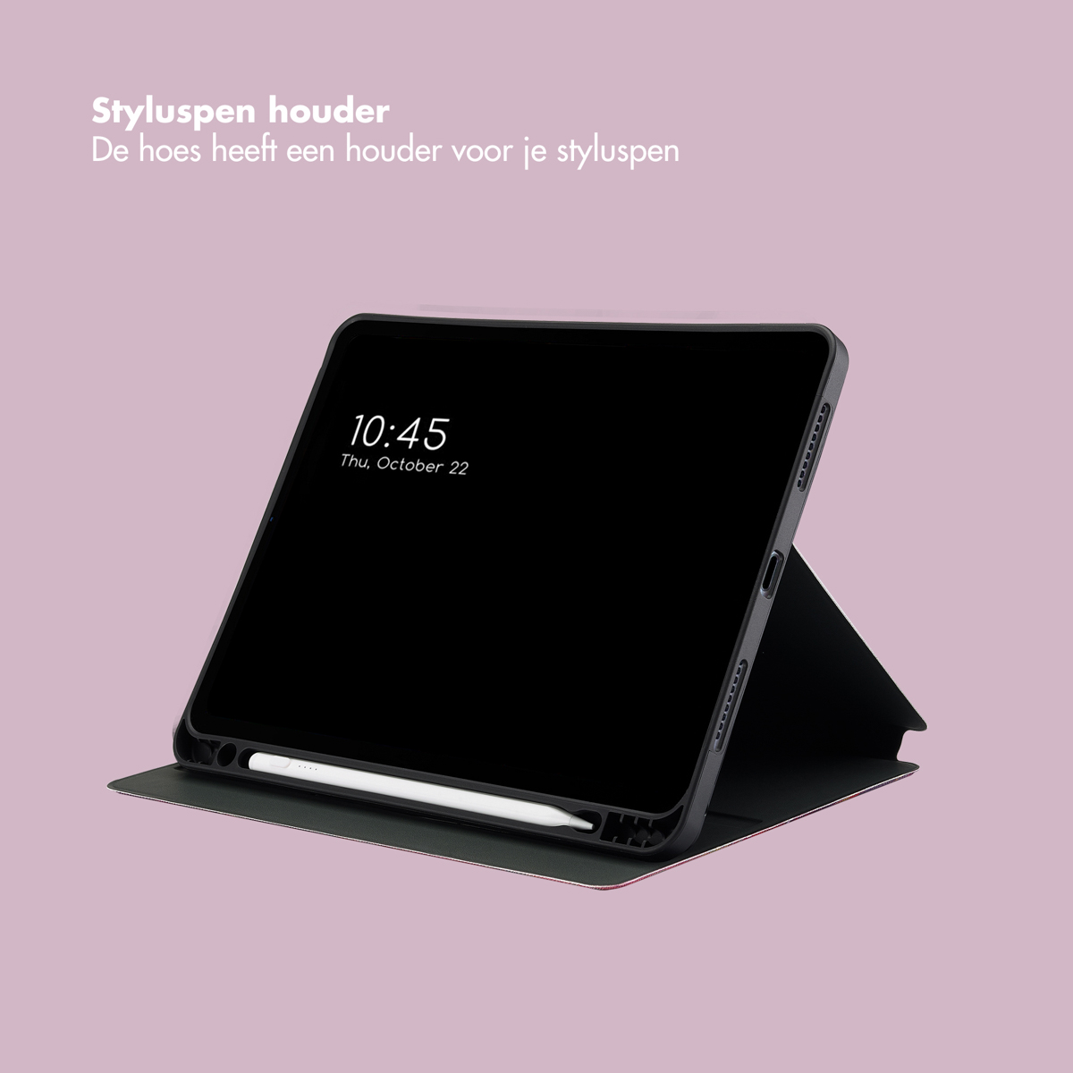 An iPad with a stylus in a case, displaying the time.