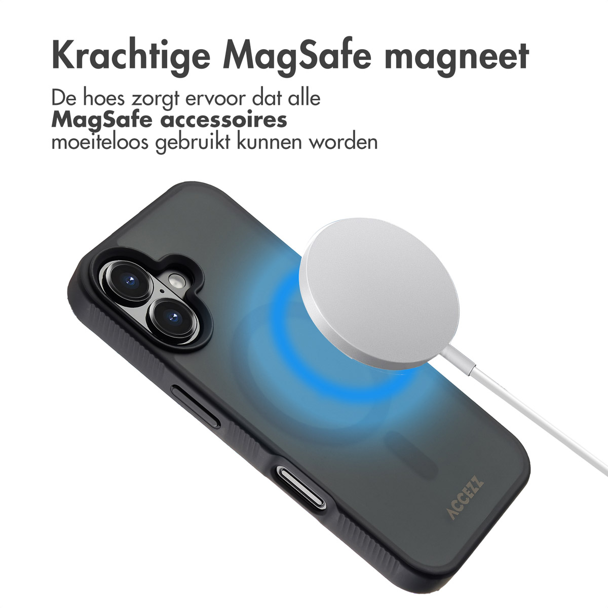Un telefono in una custodia nera con un caricatore MagSafe bianco collegato, che emette una luce blu.