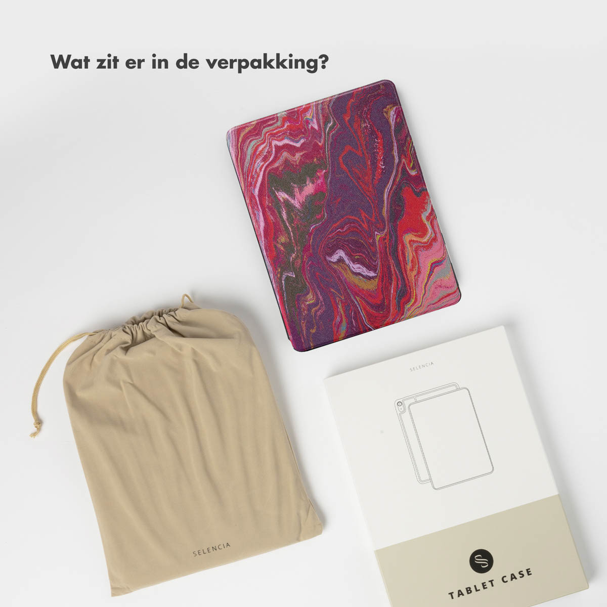 Tablet case and packaging. The case has a marble design. The bag and box are light beige.