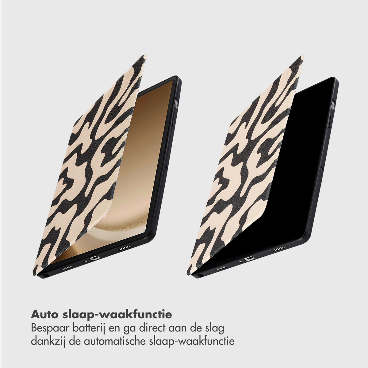 Étui de tablette ouvert, motif zébré. Texte en bas : Fonction veille automatique.