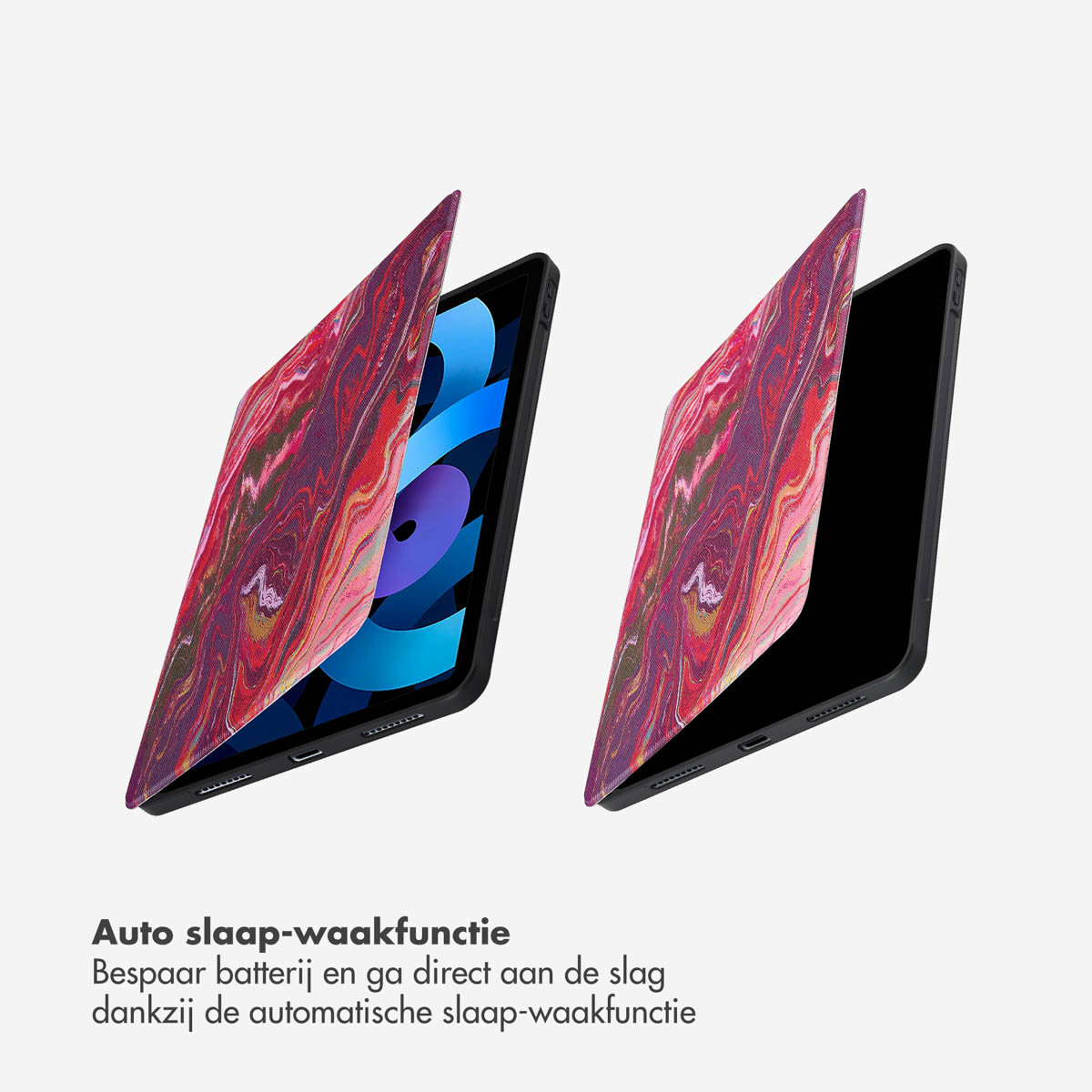 Two tablets with colorful covers open, showing the screens.