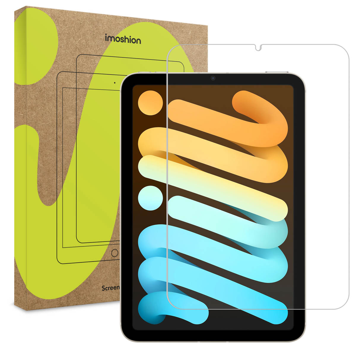 Tablet met schermbeschermer en doos. De doos heeft de tablet afbeelding.
