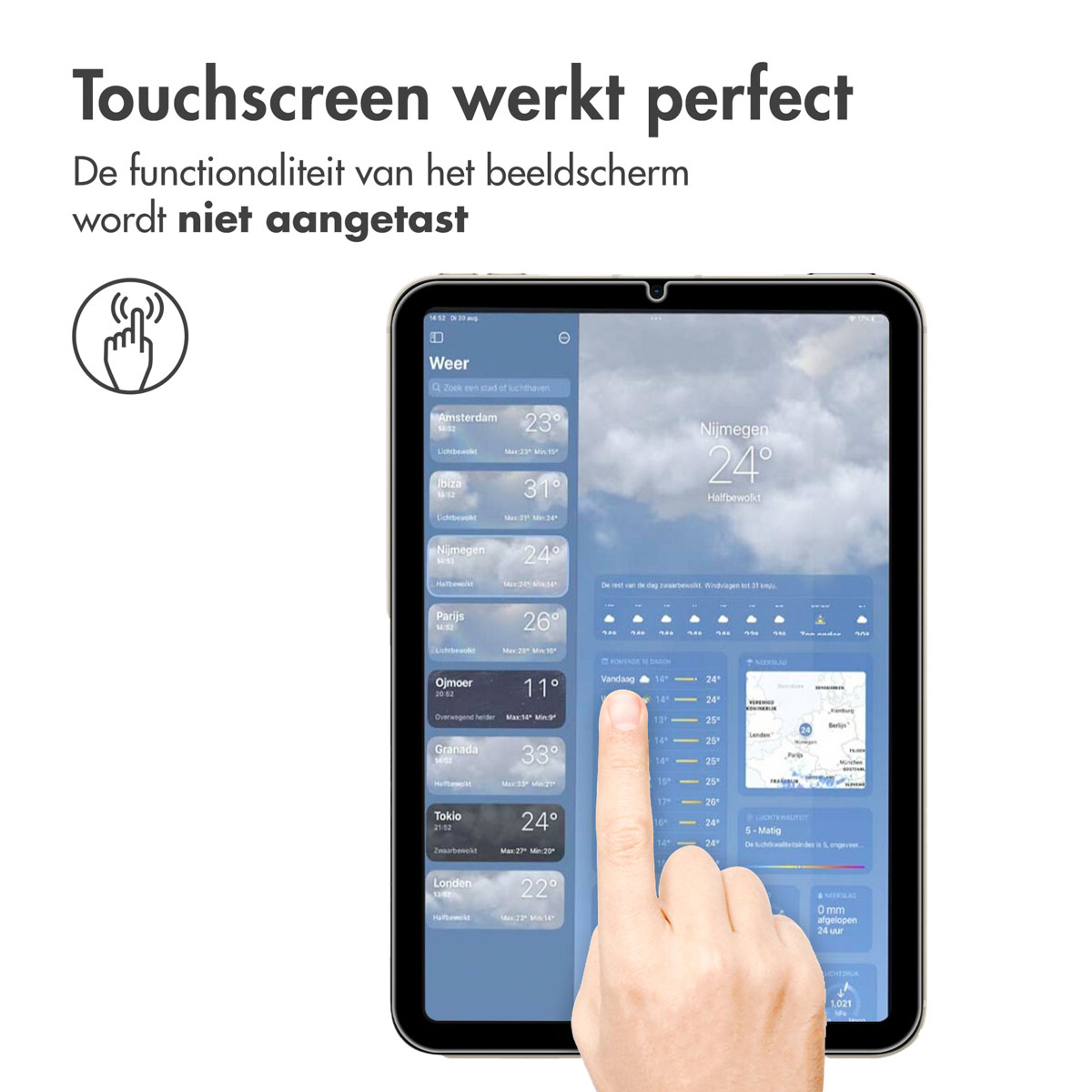 Een tablet met een weer-app met temperatuurvoorspellingen voor verschillende steden en een aanraakpictogram.