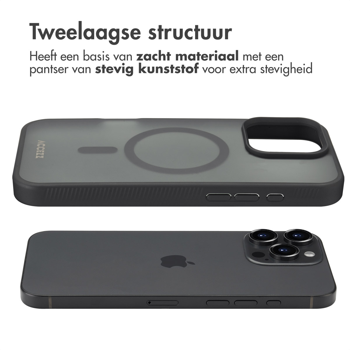 Coque de téléphone noire sur un iPhone. Texte en allemand décrivant le design.
