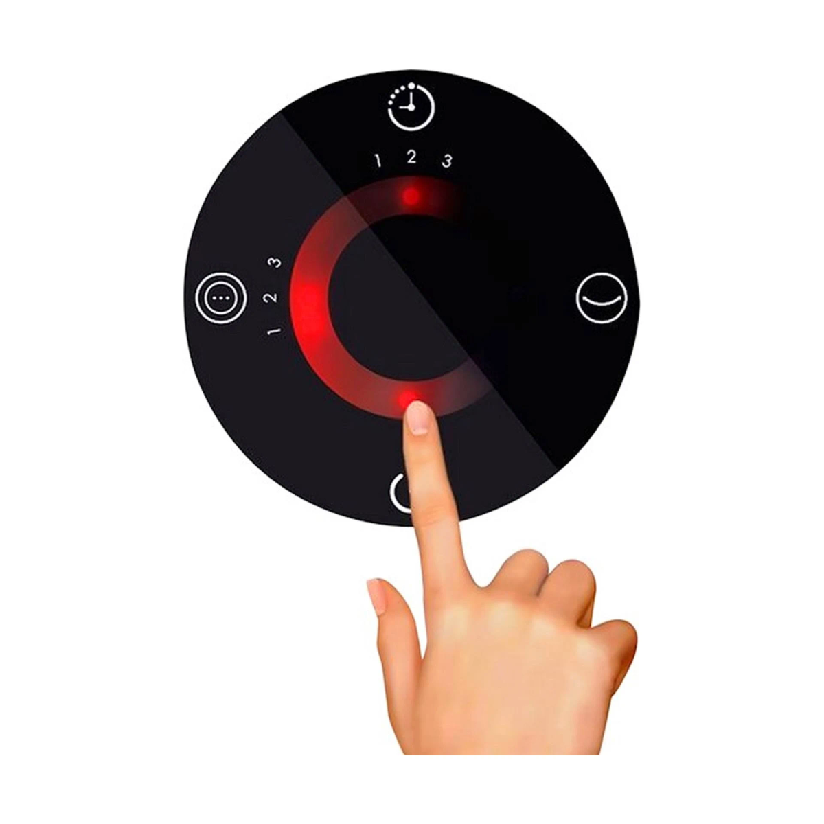 Panel de control negro con un dedo tocando un segmento rojo iluminado. Números y símbolos en él.