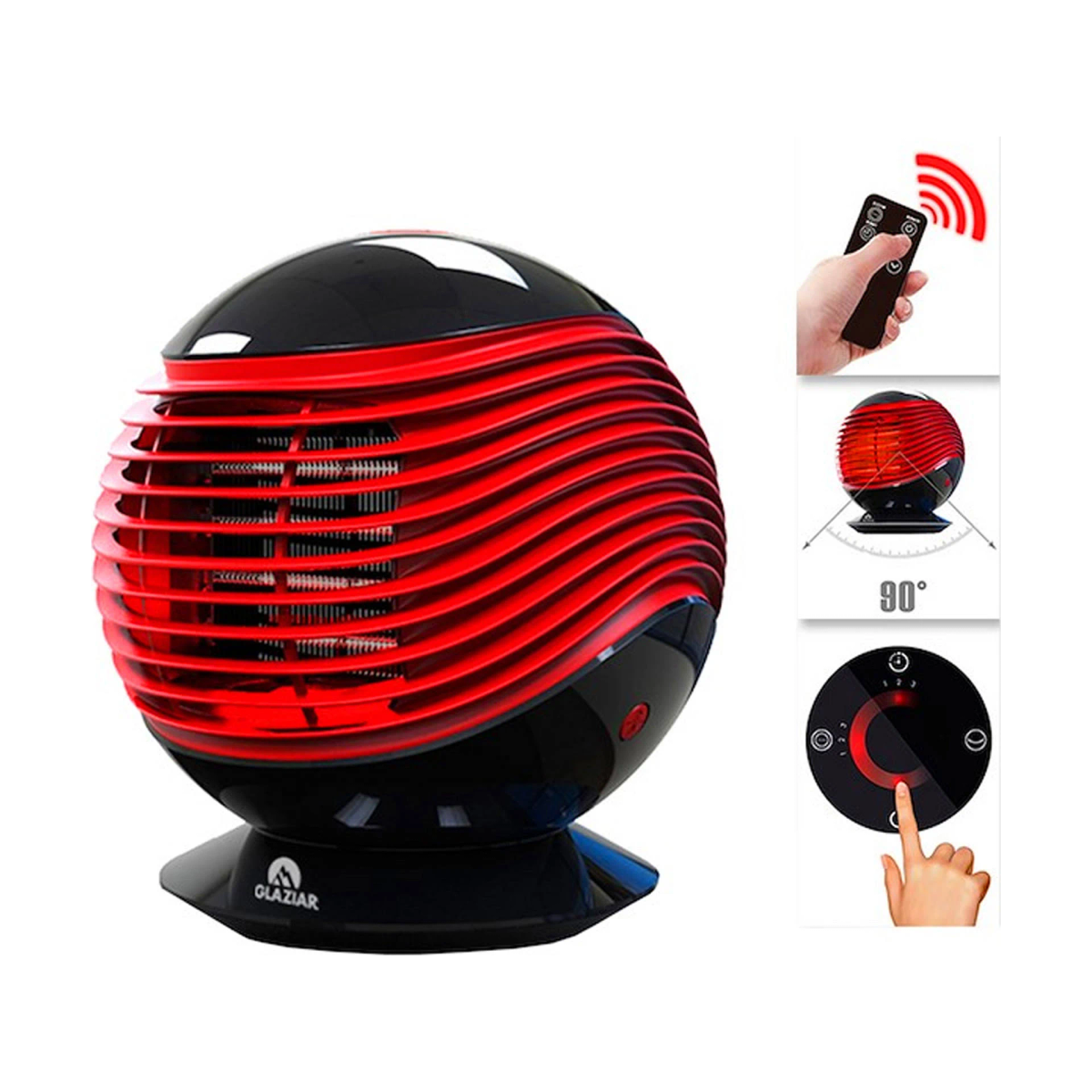 Calentador eléctrico negro y rojo con diseño redondo y mando a distancia.