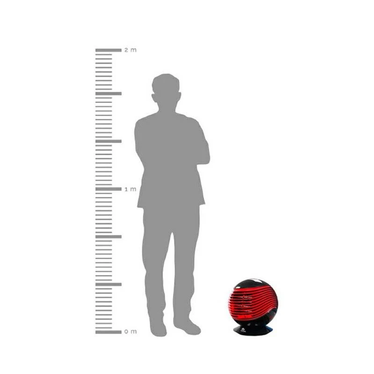 Silueta de una persona junto a un calefactor negro y rojo. Una escala de altura a la izquierda.