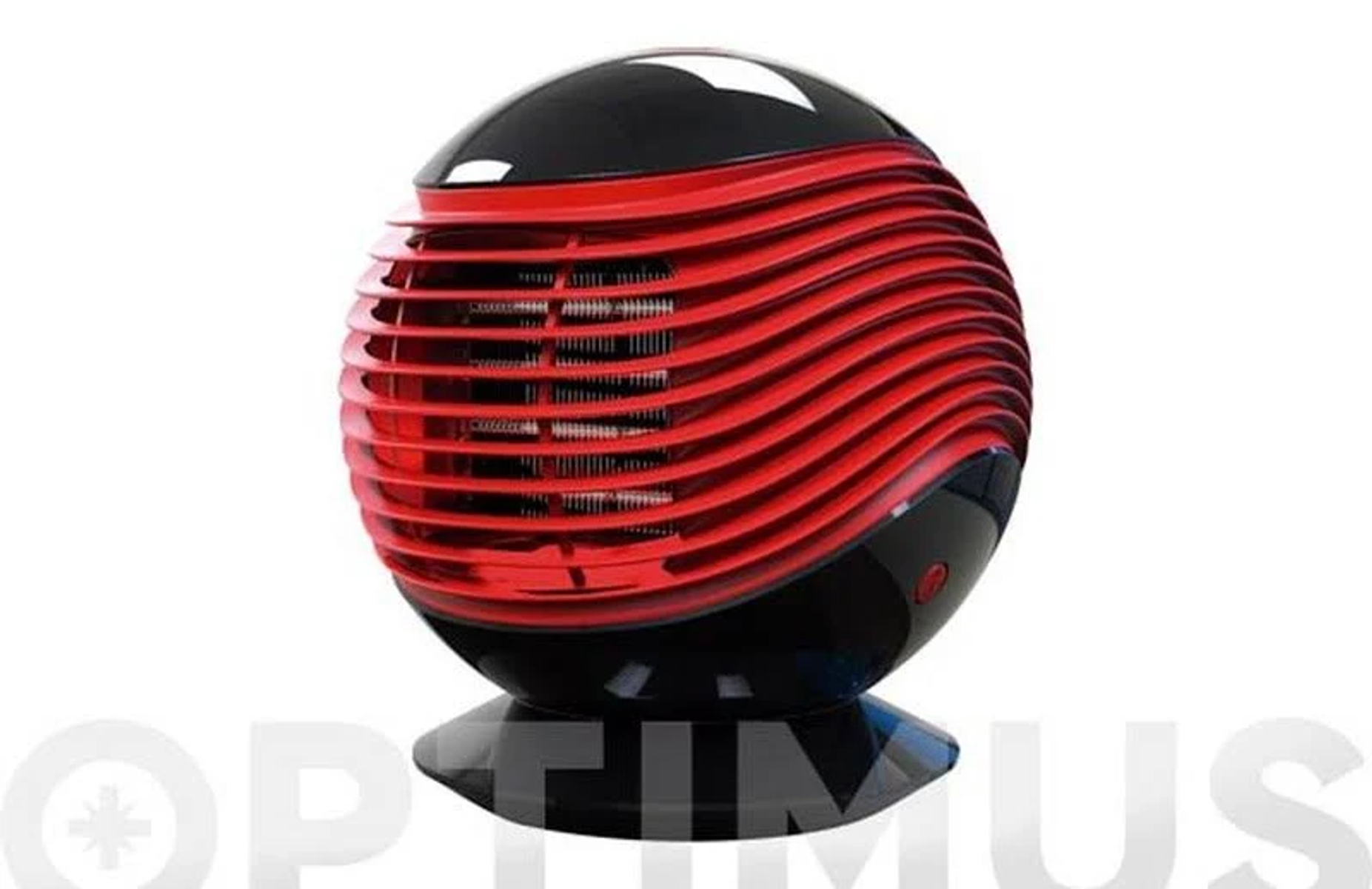 Calentador en forma de esfera negra y roja. Diseño ondulado rojo, sobre una base negra.
