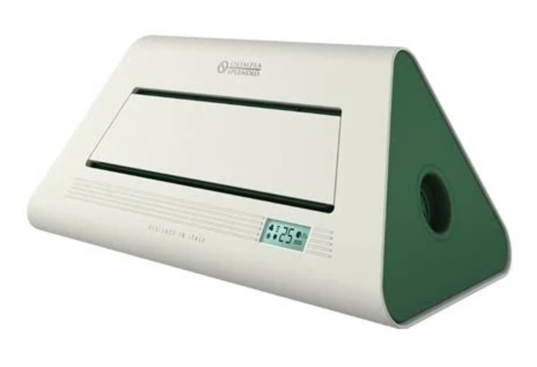 Un condizionatore moderno bianco e verde. Ha un display digitale.