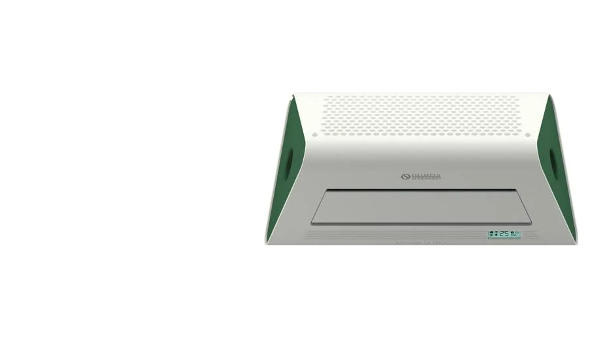 Condizionatore bianco e verde, con display che mostra 25 gradi.