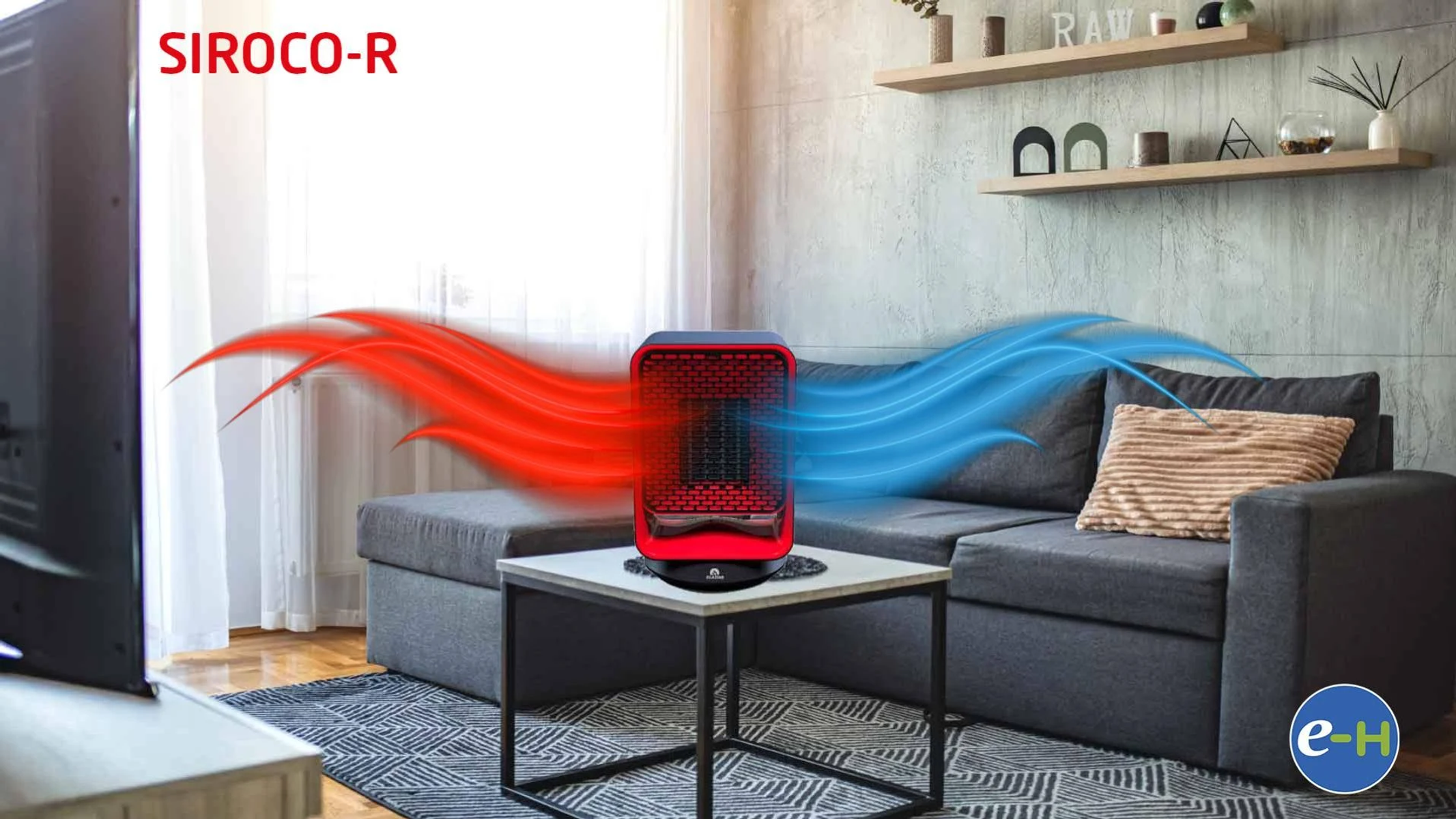 Un calefactor rojo en una sala de estar. El flujo de aire se representa en rojo y azul. El fondo es un sofá y TV.
