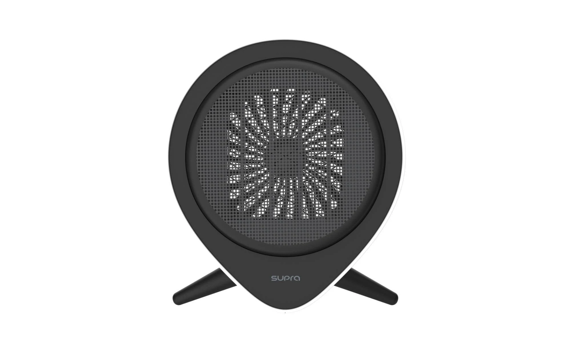 Czarno-biały wentylator. Biała podstawa. Czarne wnętrze z siatką. Białe tło.