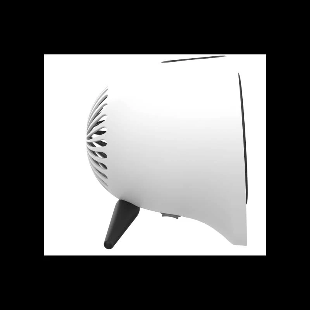 Biały grzejnik z czarną nogą i detalami w kształcie wachlarza.