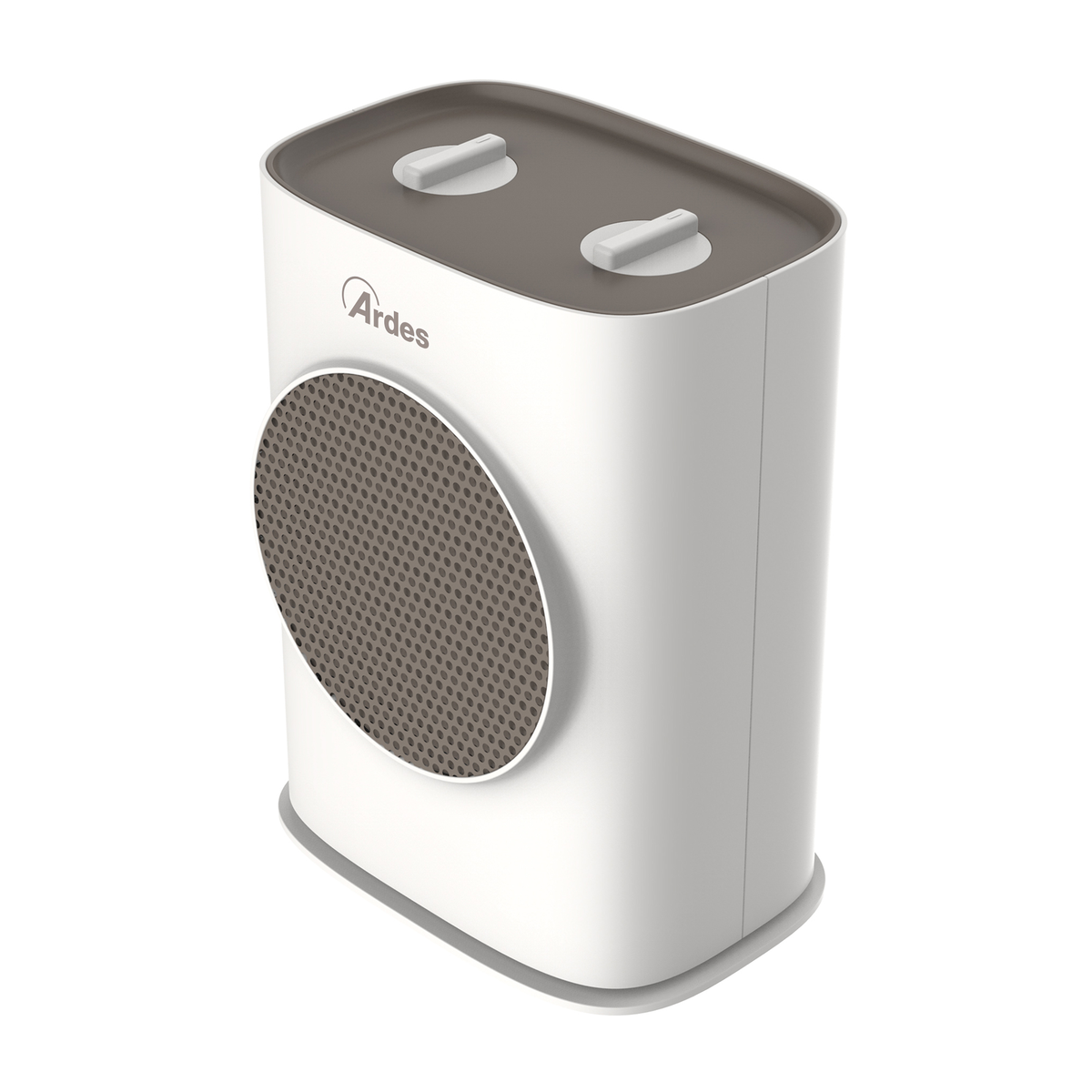 Biało-szary grzejnik elektryczny z dwoma pokrętłami na górze i siatkowym przodem.