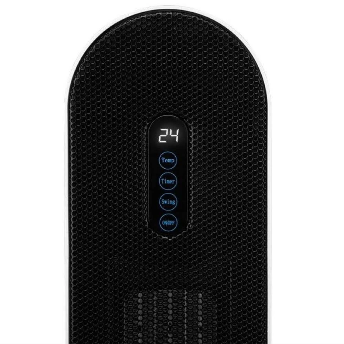 Czarne urządzenie grzewcze z wzorzystym przodem i cyfrowym panelem sterowania.