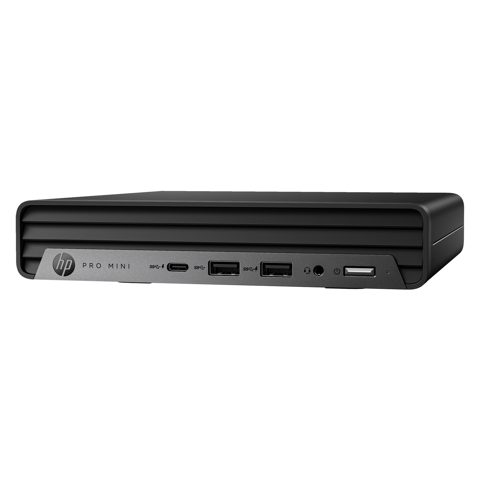 Computer HP Pro Mini nero su sfondo bianco, vista frontale, porte visibili.