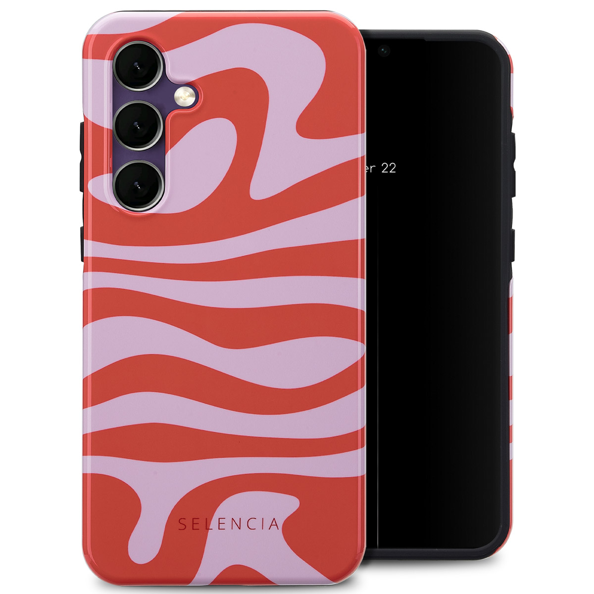 Een telefoon met een rood en paars patroon hoesje, met een zwart scherm.