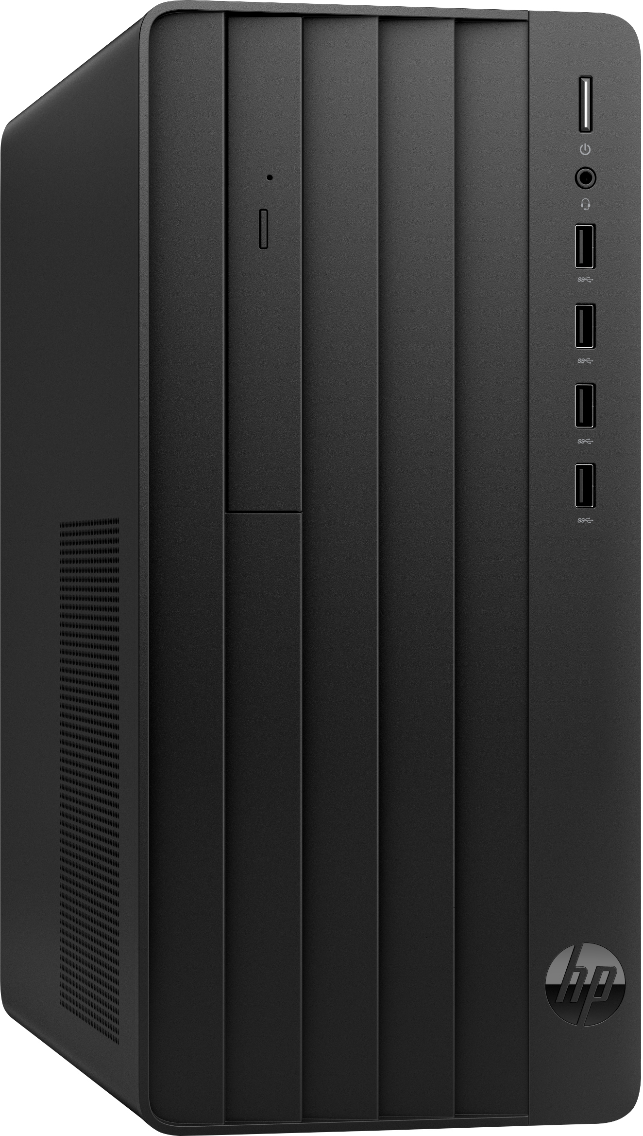 Un case per computer desktop nero con un design minimalista. Ha diverse porte USB e il logo HP.