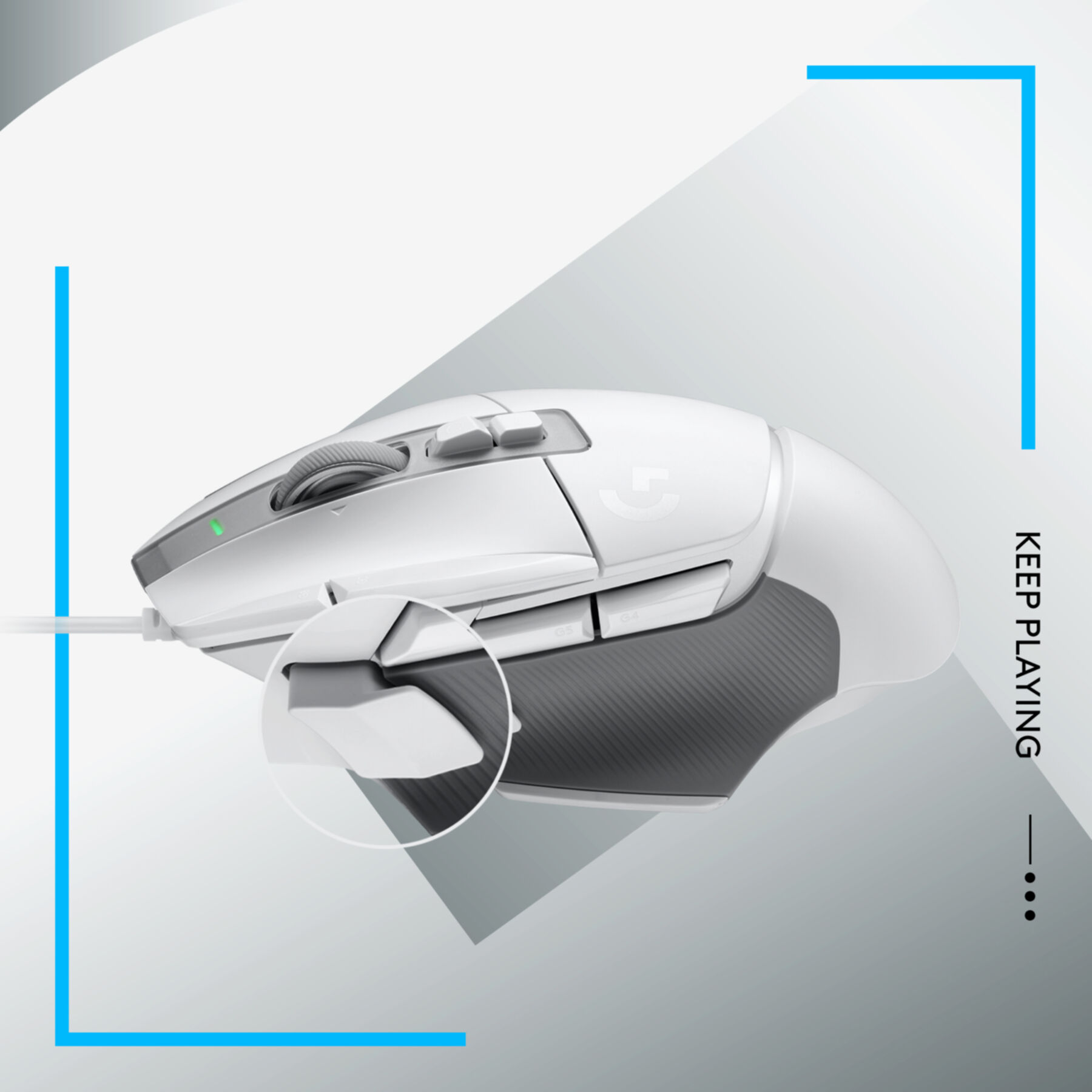 White gaming mouse with side buttons and wheel. Close-up detail. White and blue frame.