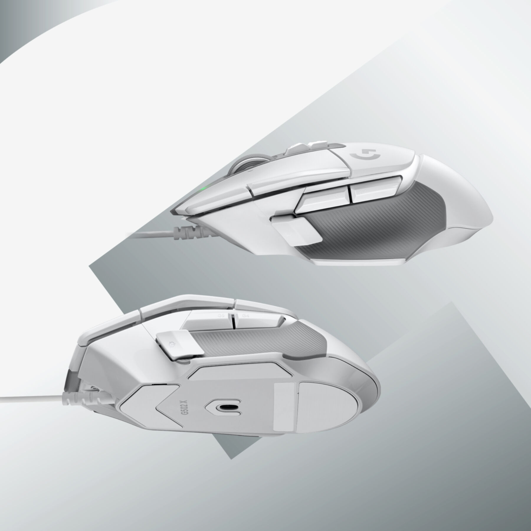 White gaming mouse with side buttons. Gray background.