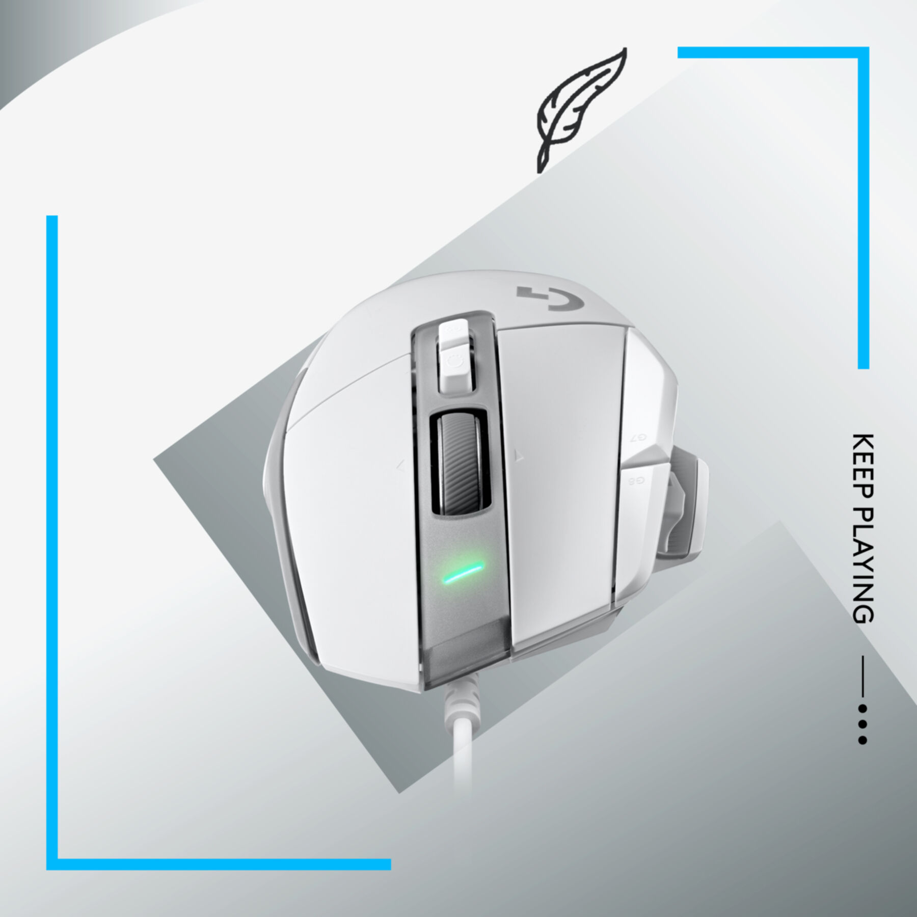 A white gaming mouse with a scroll wheel and side buttons, with a feather icon.