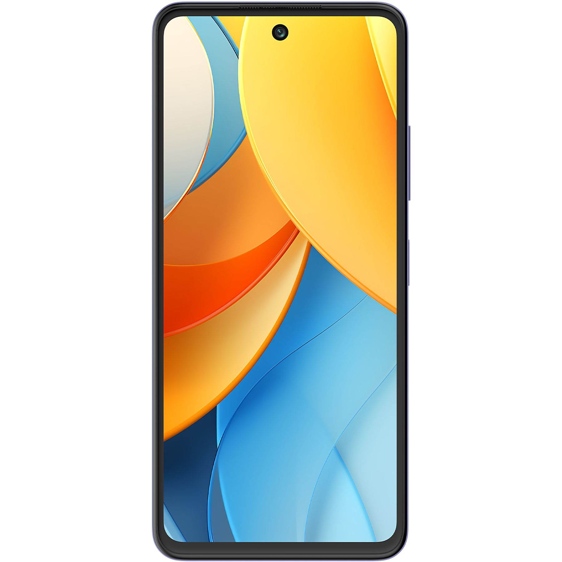 Smartfon z niebieskim tyłem, żółtą sekcją kamery i niebieskim ekranem.