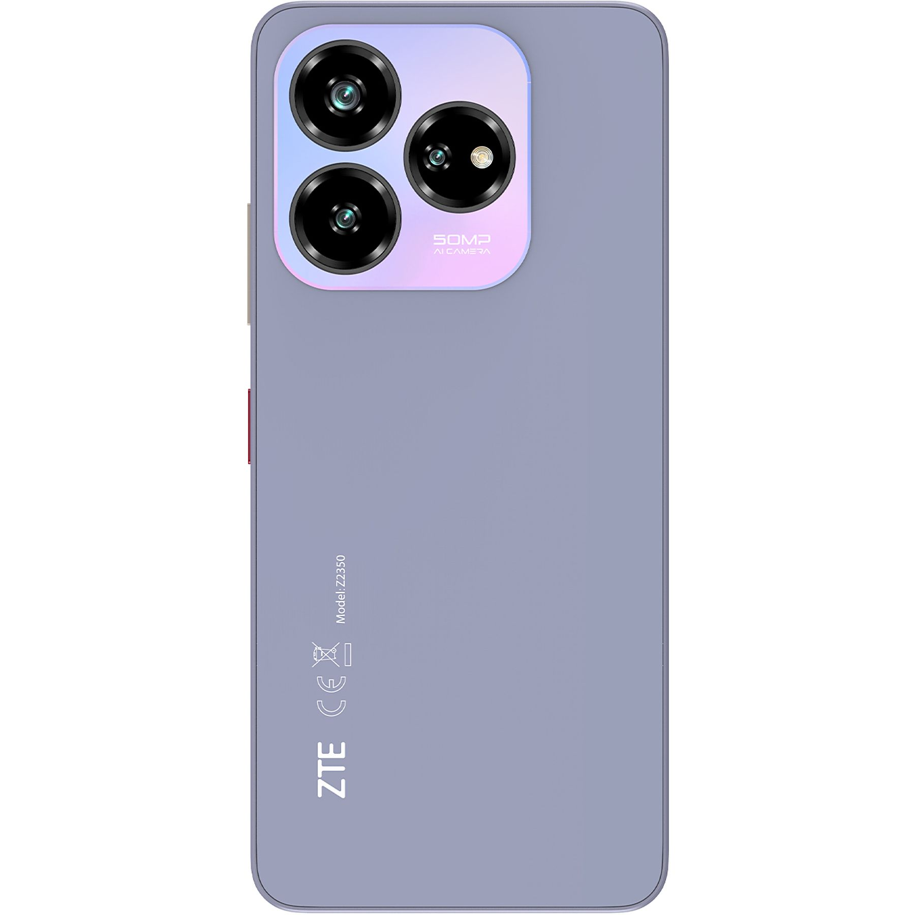 Fioletowy telefon ZTE, widok z tyłu, z zestawem aparatów i marką, odizolowany na biało.