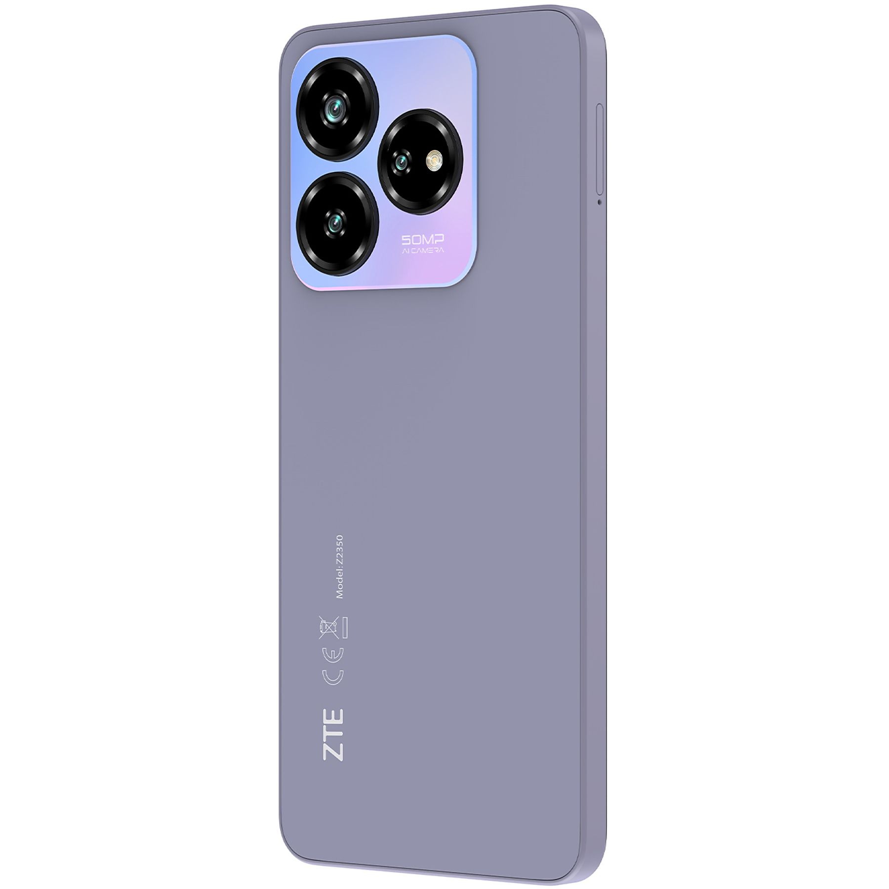 Fioletowy smartfon z trzema tylnymi aparatami i marką ZTE na białym tle.
