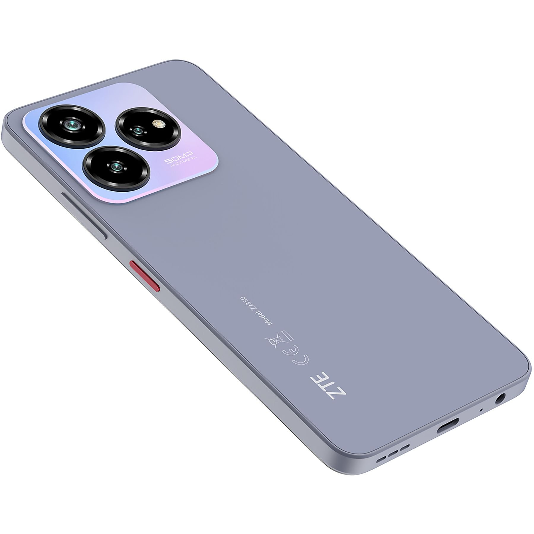 Szary smartfon z potrójnym aparatem. Telefon ma jasnoniebieski tył.