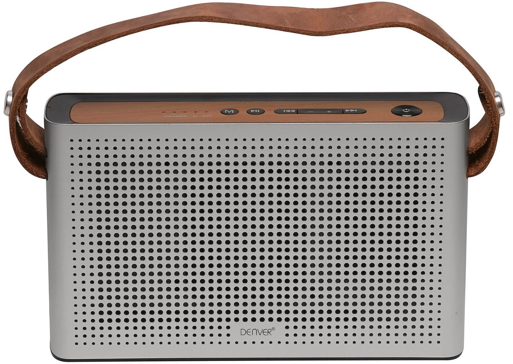 Srebrny głośnik z brązowym wierzchem i uchwytem. Na górze ma przyciski. Tło jest białe.