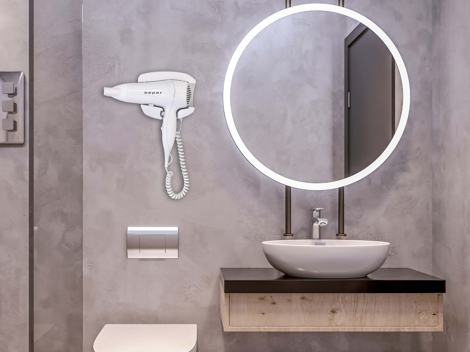 Badezimmer mit Fön, Spiegel, Waschbecken und Toilette.