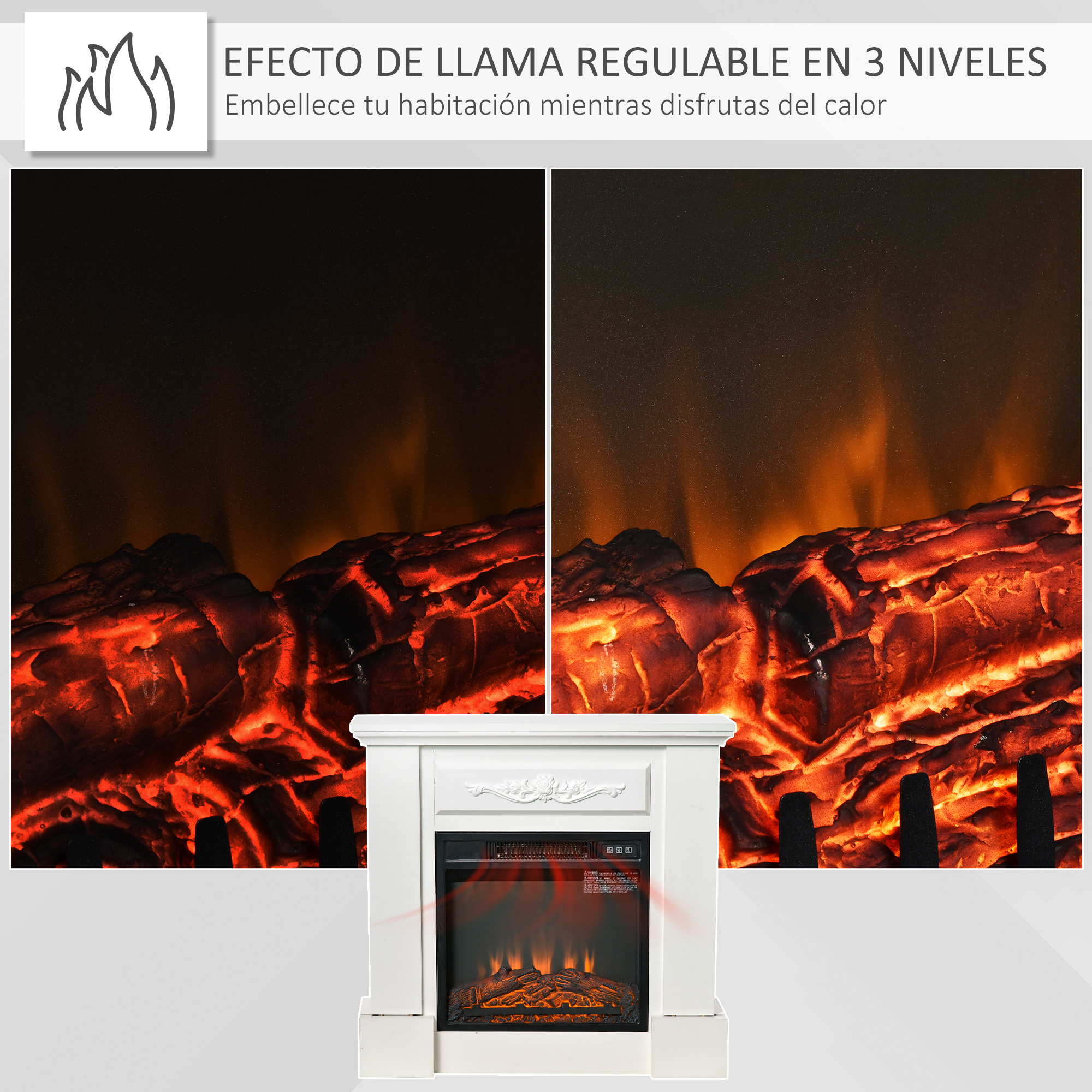 Chimenea eléctrica blanca con llamas, el texto dice 'Efecto de llama ajustable en 3 niveles'.