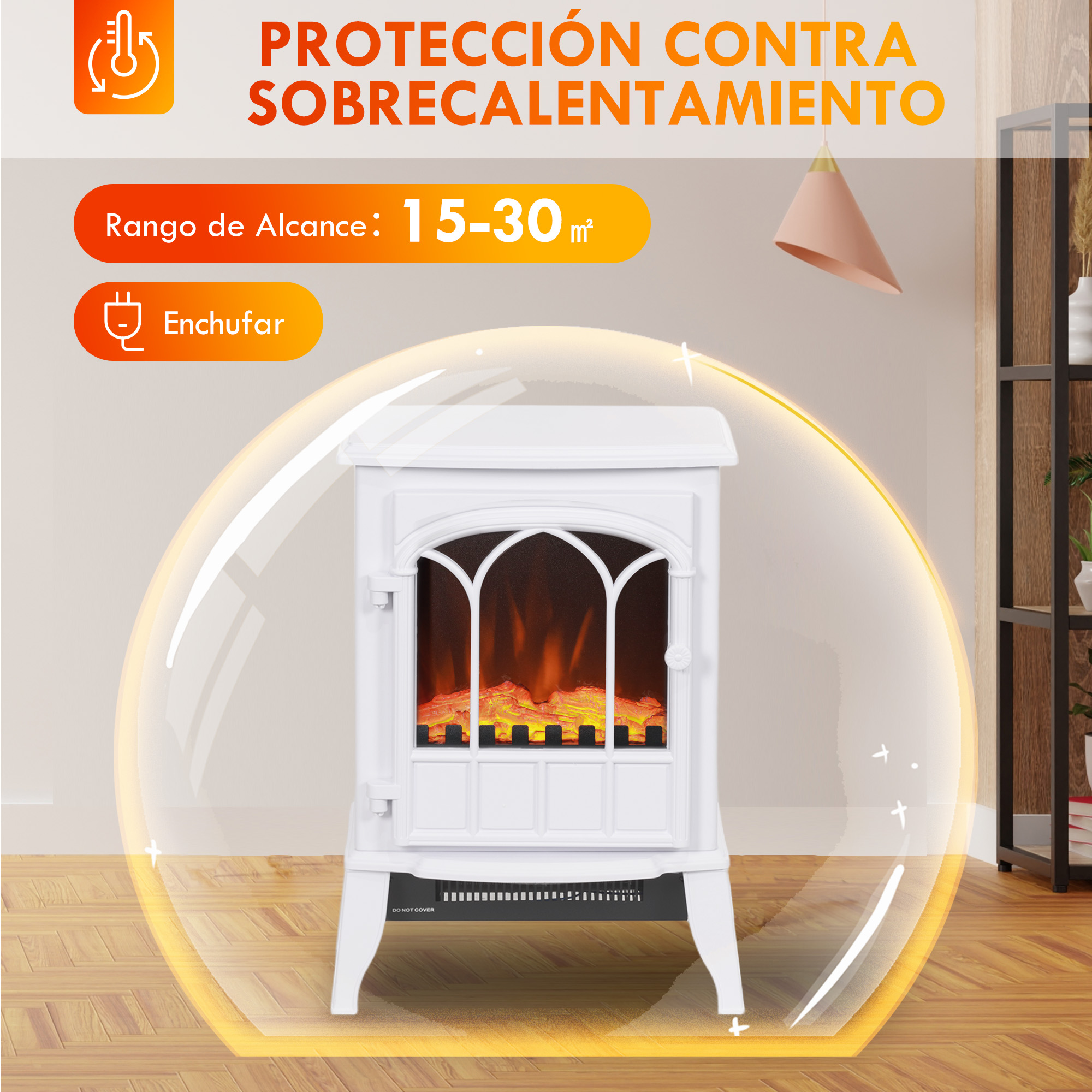Una chimenea eléctrica blanca con efecto de llama naranja. Texto en español sobre protección contra sobrecalentamiento.