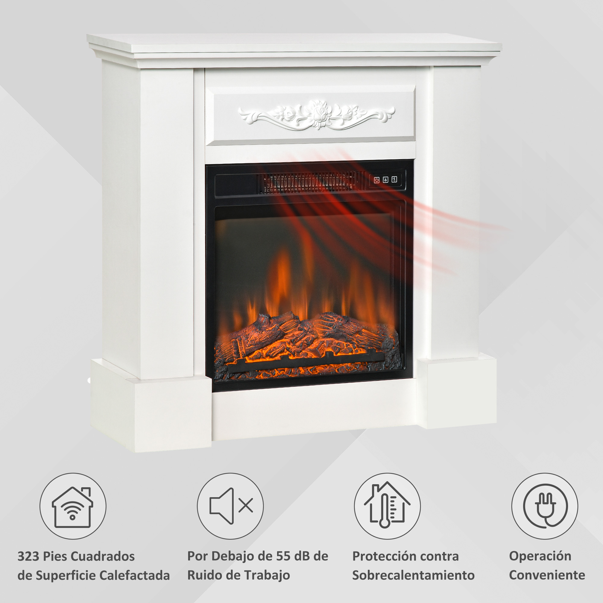 Chimenea eléctrica blanca con efecto de llama. Incluye calefacción, bajo ruido y protección contra sobrecalentamiento.