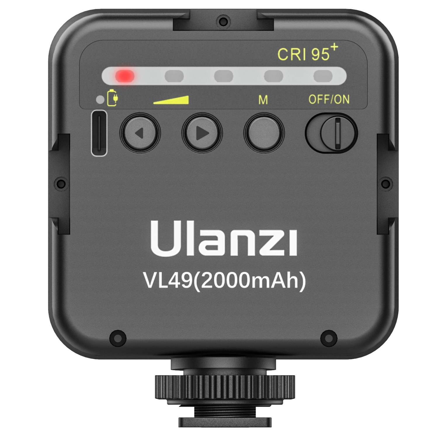 Una luce video Ulanzi VL49 nera, con pulsanti e spie luminose sulla parte anteriore.