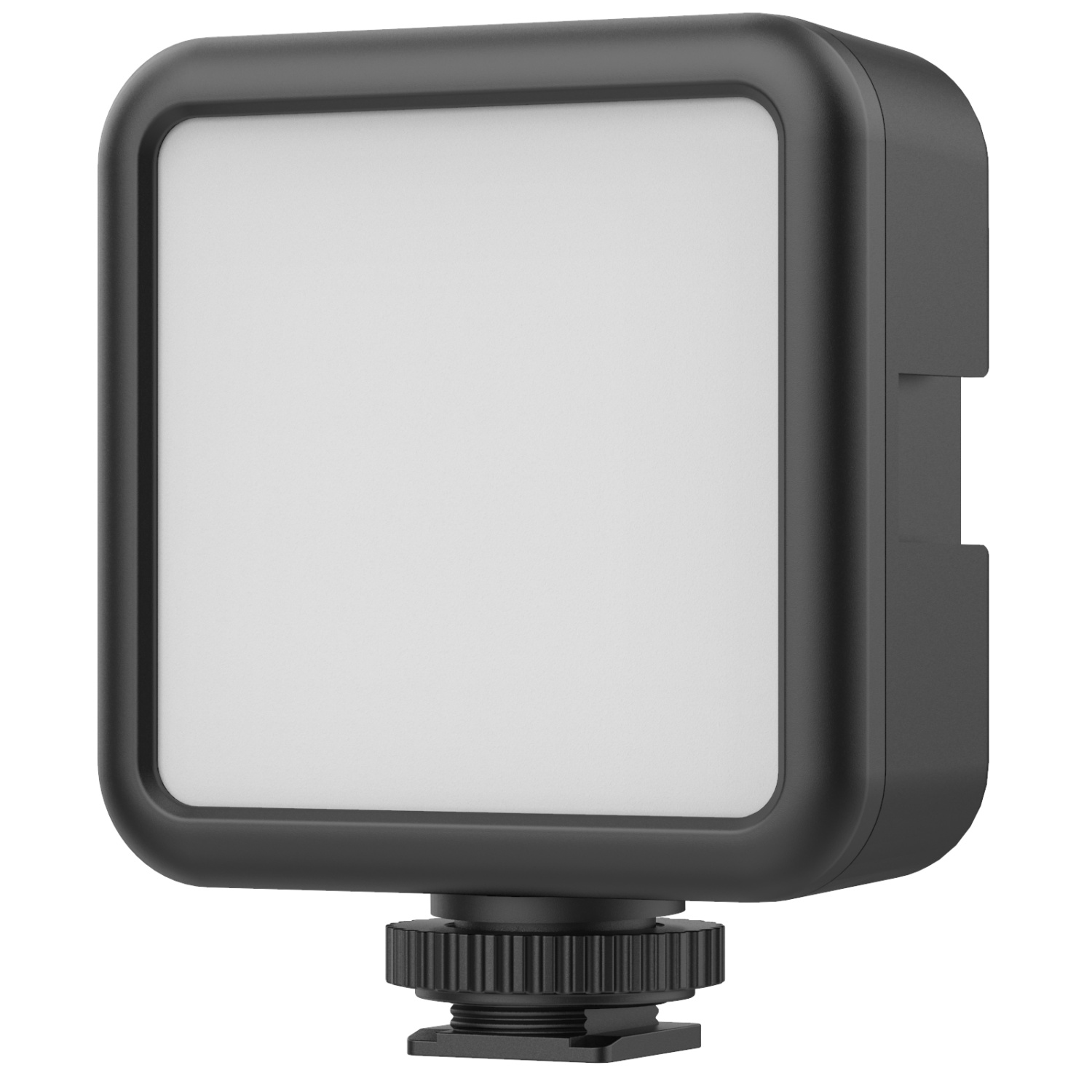 Luce LED quadrata nera con angoli arrotondati, rivolta verso lo spettatore, su sfondo bianco.