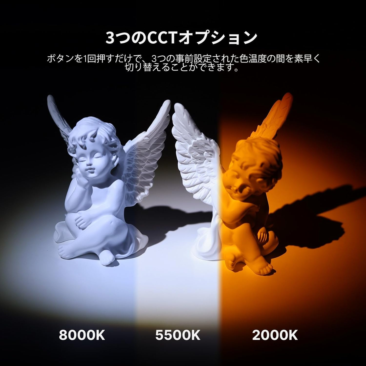 Dwie statuetki aniołów, biała i złota, ze szczegółami skrzydeł. Instrukcje w języku japońskim.