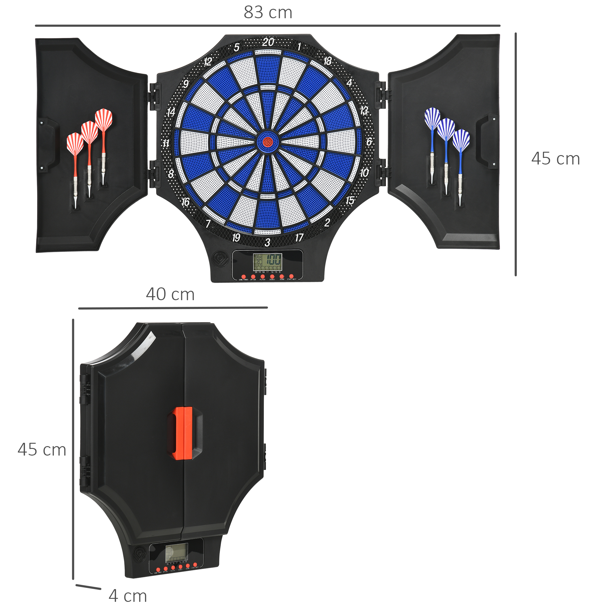 Ein Dartscheiben-Set. Es ist schwarz und hat eine digitale Anzeige und einen geschlossenen schwarzen Schrank mit rotem Griff.