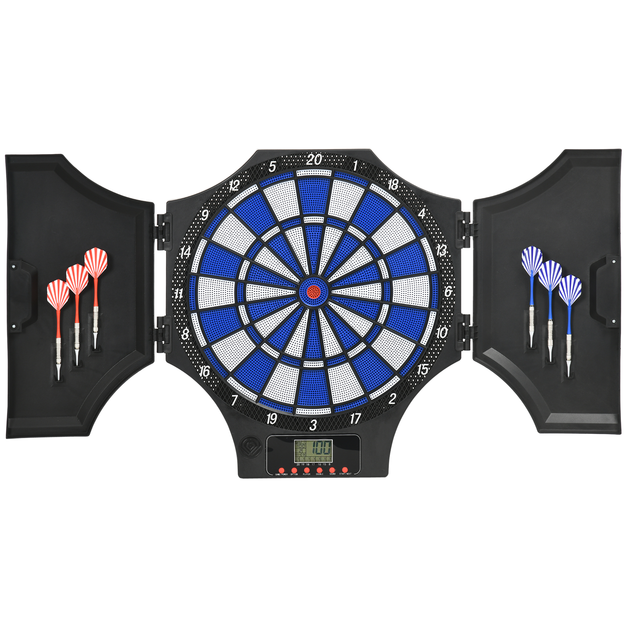 Dartscheibe mit Darts, offenen Türen und digitaler Punkteanzeige.