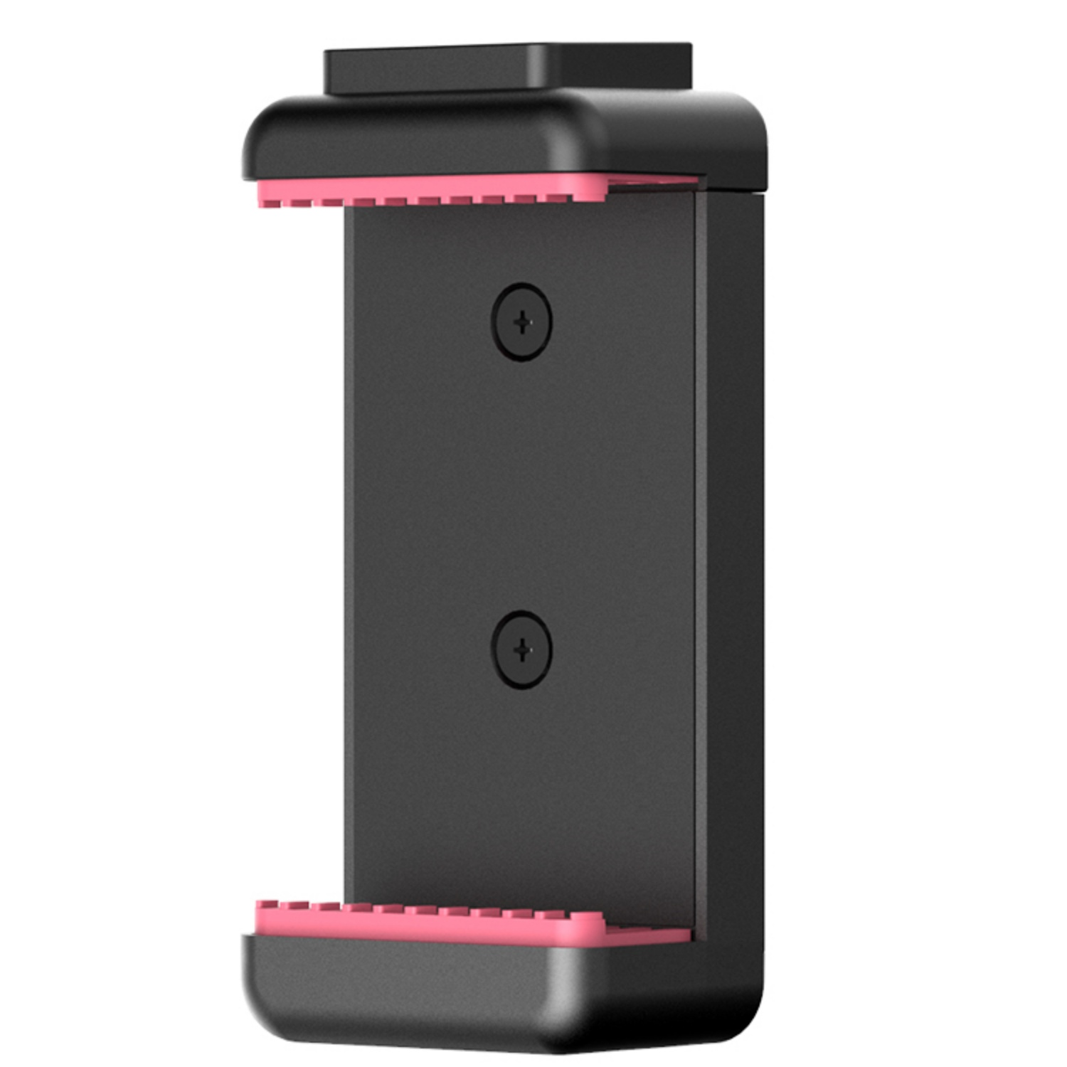 Czarny uchwyt do telefonu z różowymi akcentami. Ma konstrukcję zaciskową.