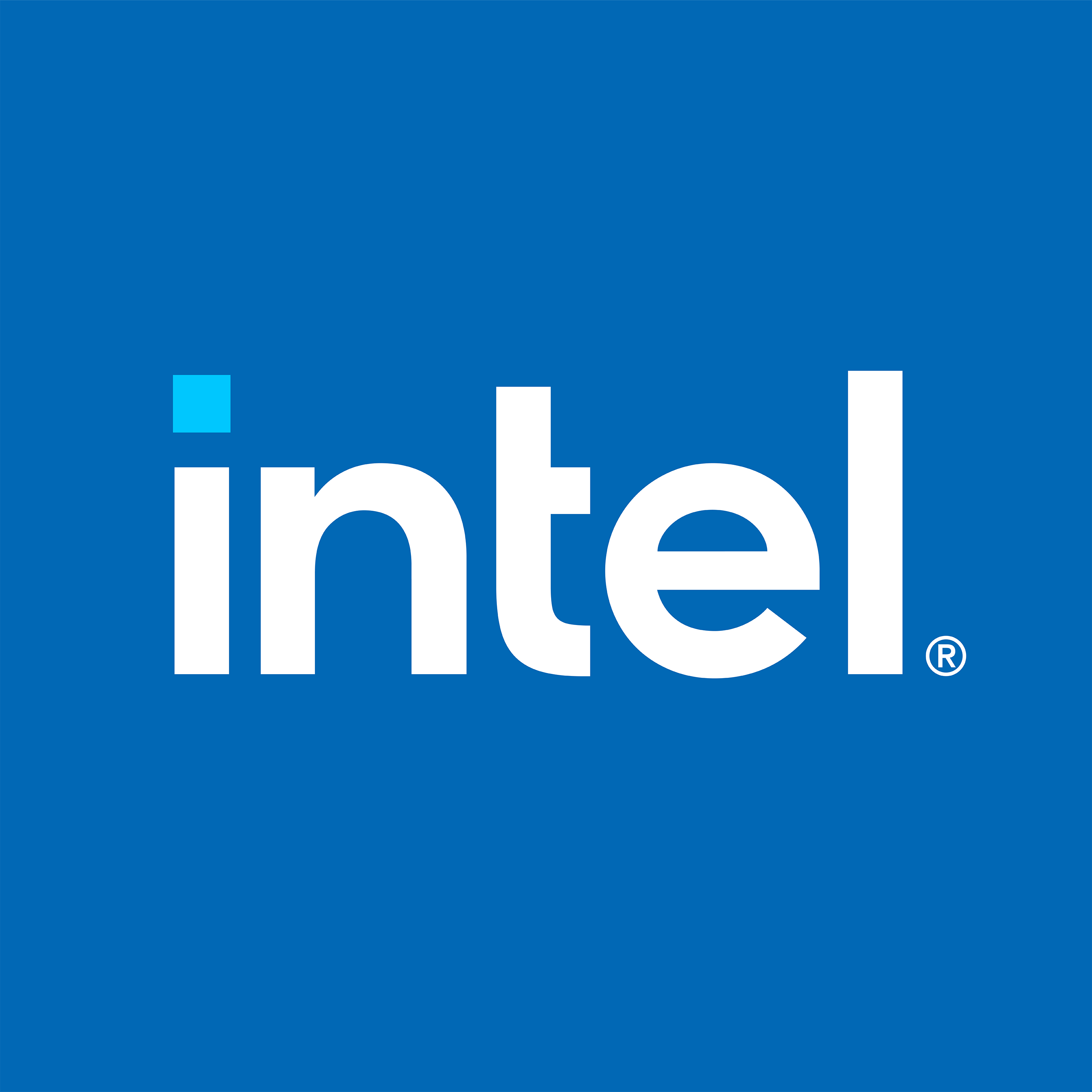 Il logo Intel, testo bianco su sfondo blu.