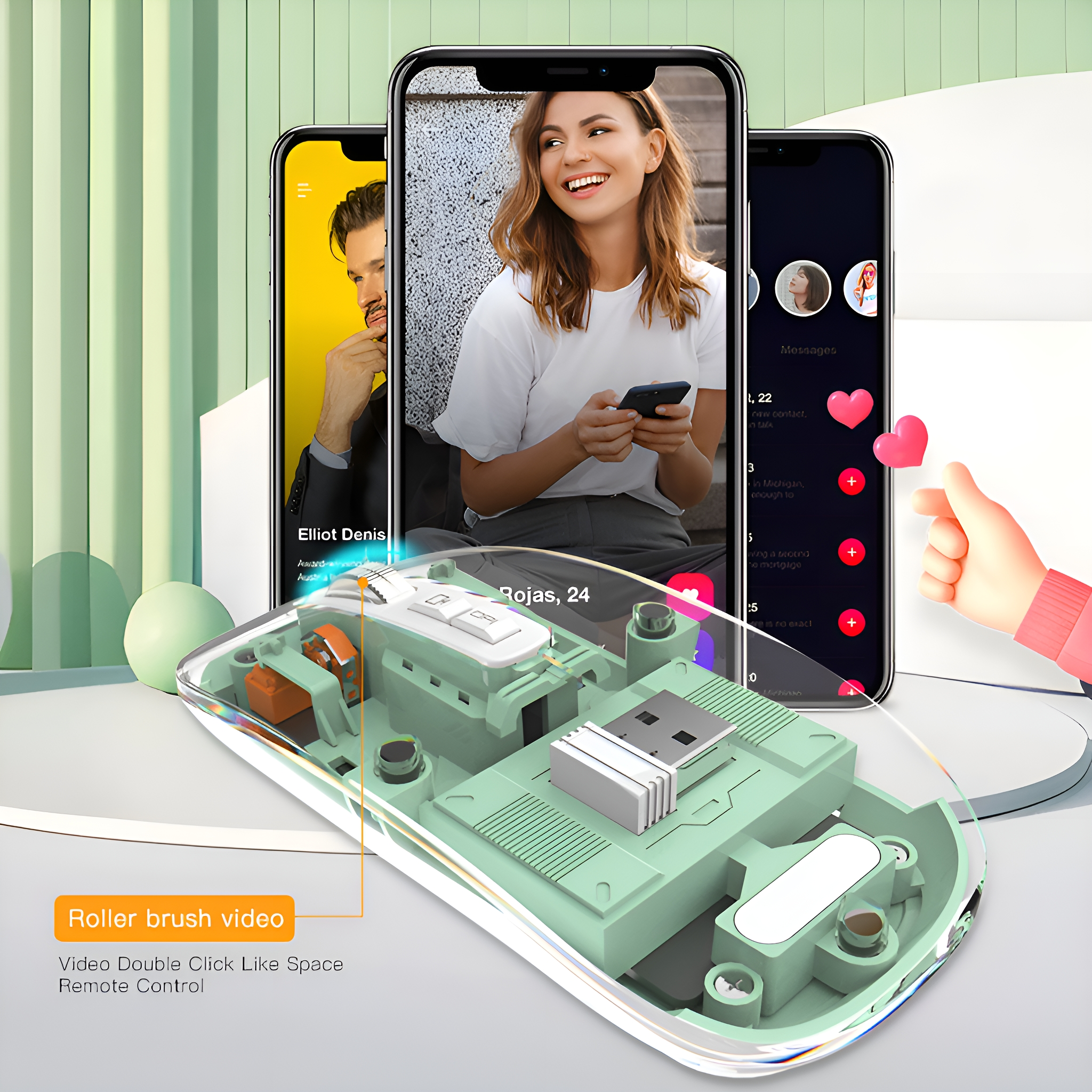Drei Smartphones mit Dating-App-Bildschirmen und eine grüne Maus mit der Aufschrift 'Roller Brush Video'.