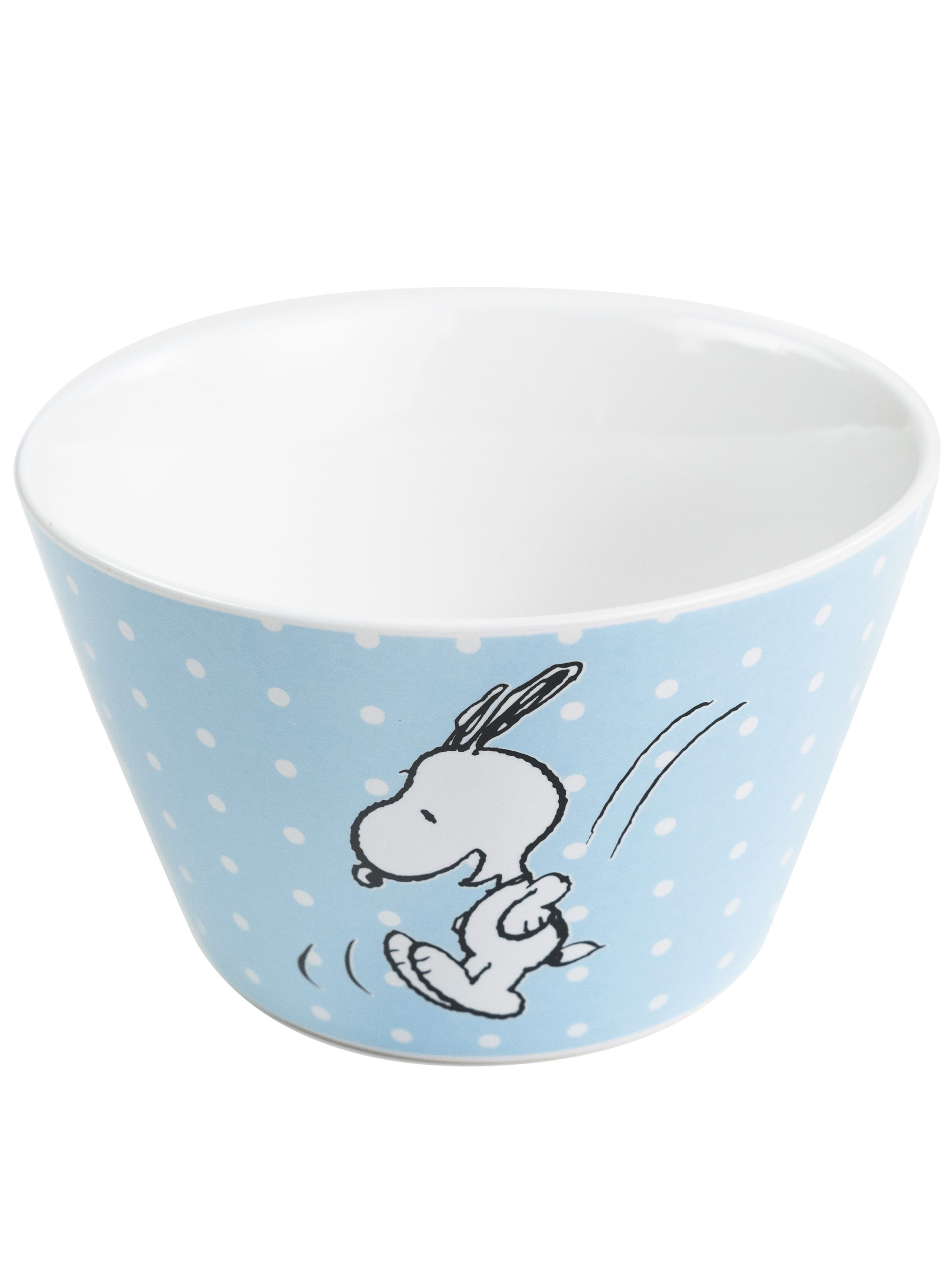 Eine blaue Schüssel mit weißen Tupfen und einem springenden Snoopy-Charakter.