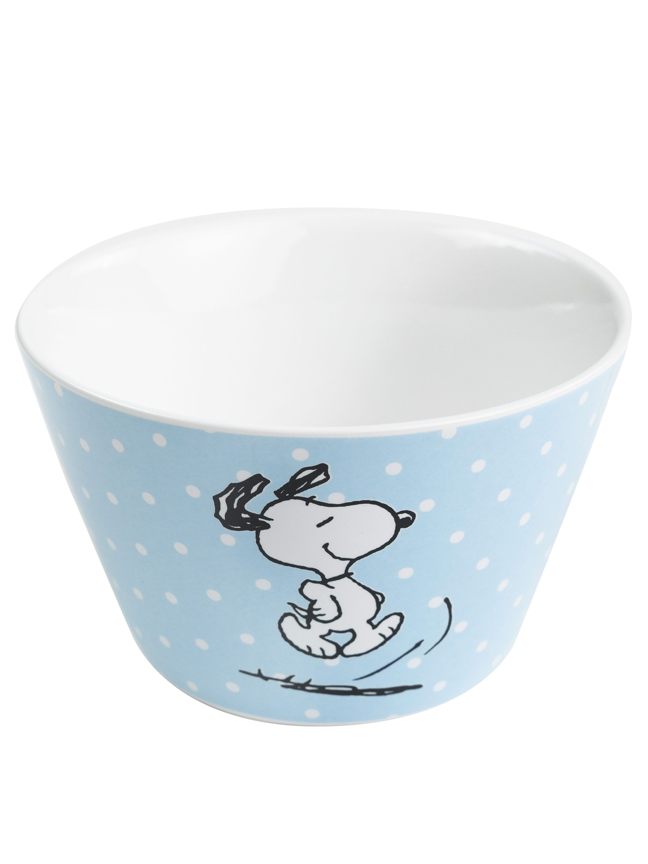 Hellblauer Becher mit weißem Tupfenmuster, mit einer Cartoon-Snoopy-Figur. Der Becher hat ein weißes Inneres.