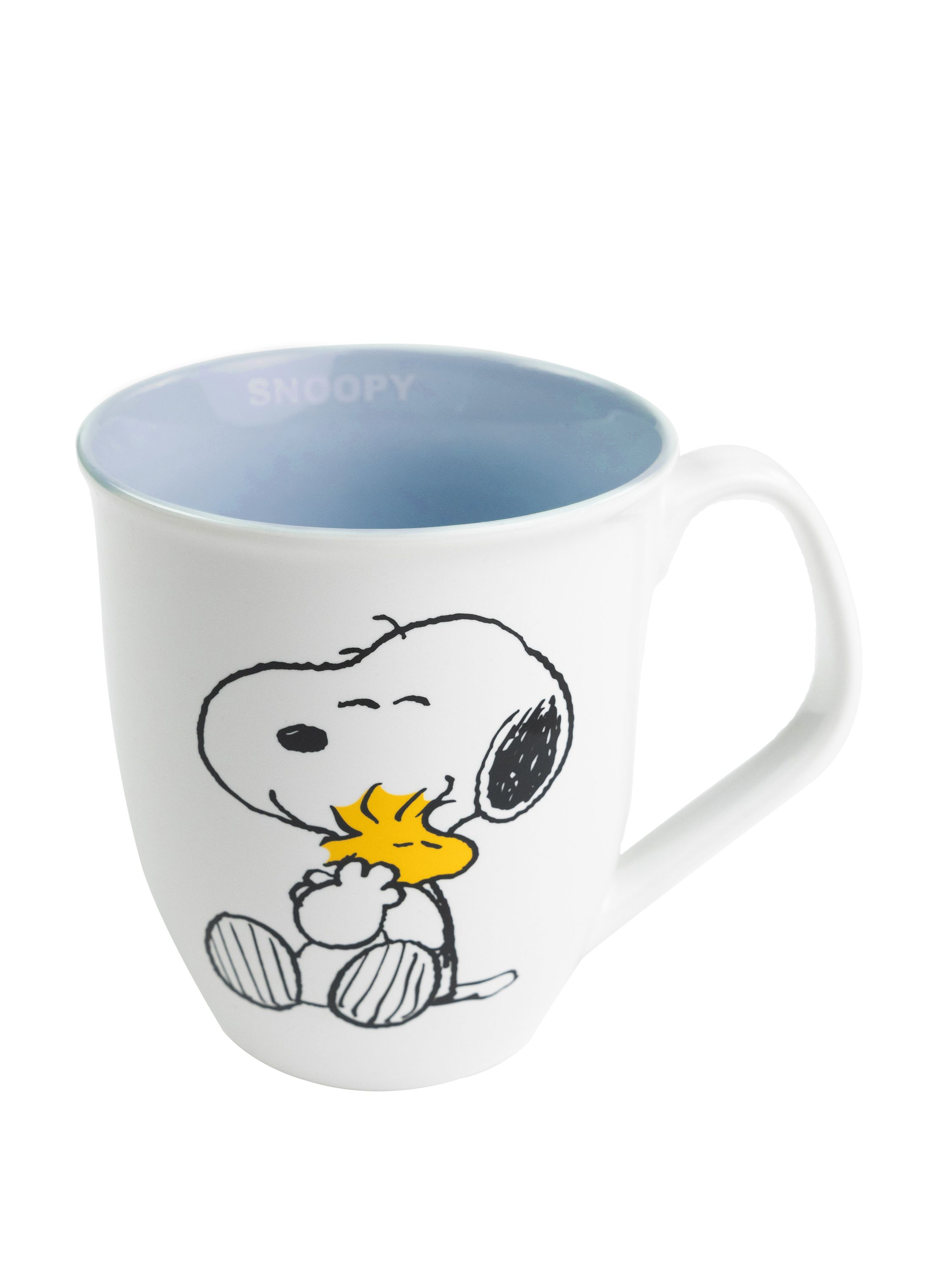 Eine weiße Tasse mit Snoopy und Woodstock. Snoopy hält Woodstock, beide in schwarzen Umrissen.