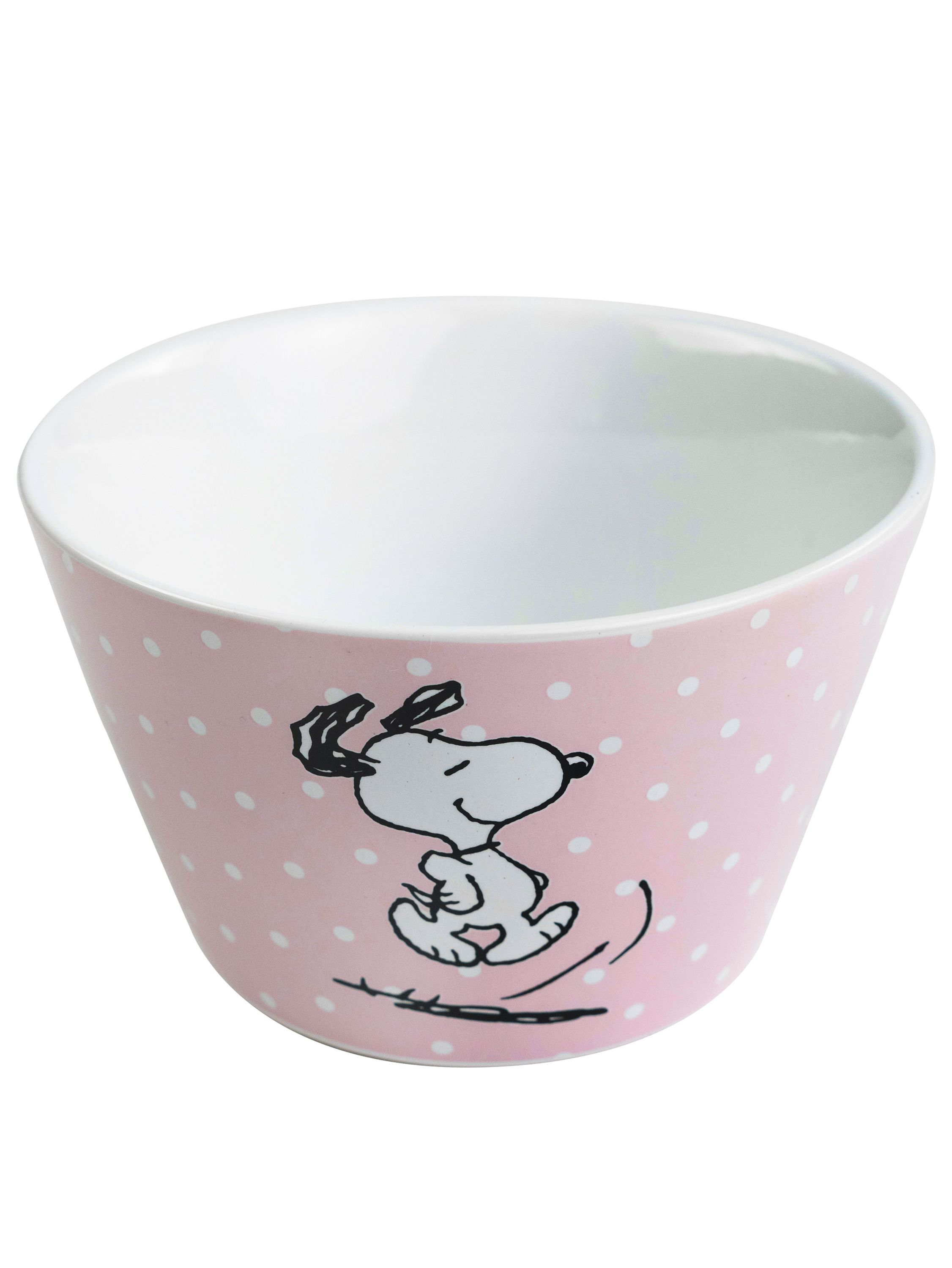 Ein rosa Snoopy-Becher mit weißen Tupfen. Snoopy springt auf der Seite des Bechers.