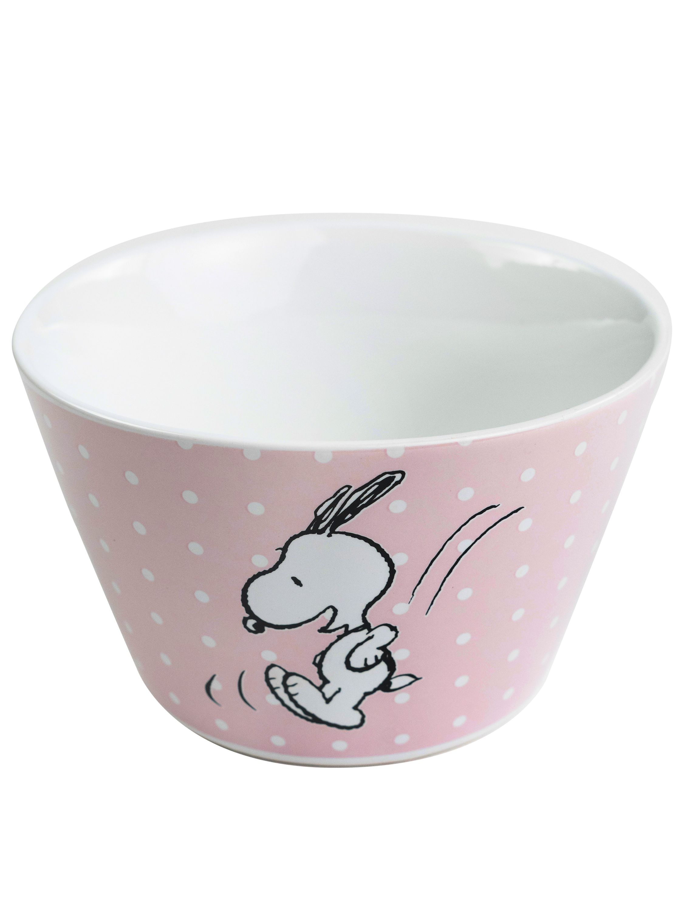 Eine Snoopy-Schüssel mit rosa Polka-Dot-Design. Snoopy springt und lächelt.